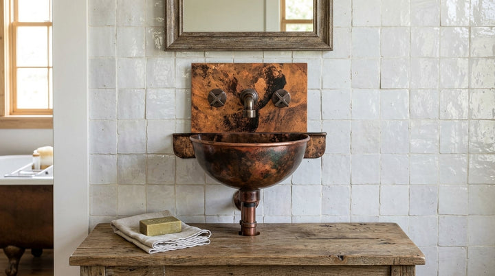 Wide farmhouse bathroom view of rustic copper wall hung sink