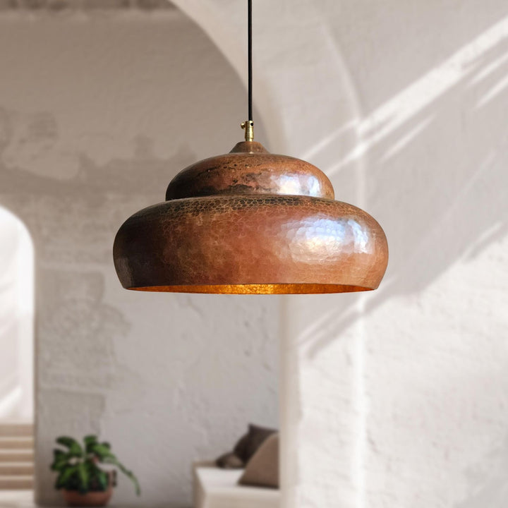copper pendant light hanging in a room with a plant and furniture.