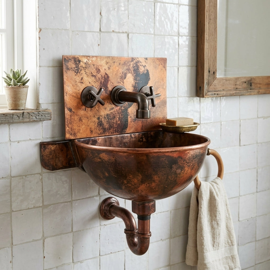 Rustic patina copper wall mounted sink with backplate, faucet and exposed trap