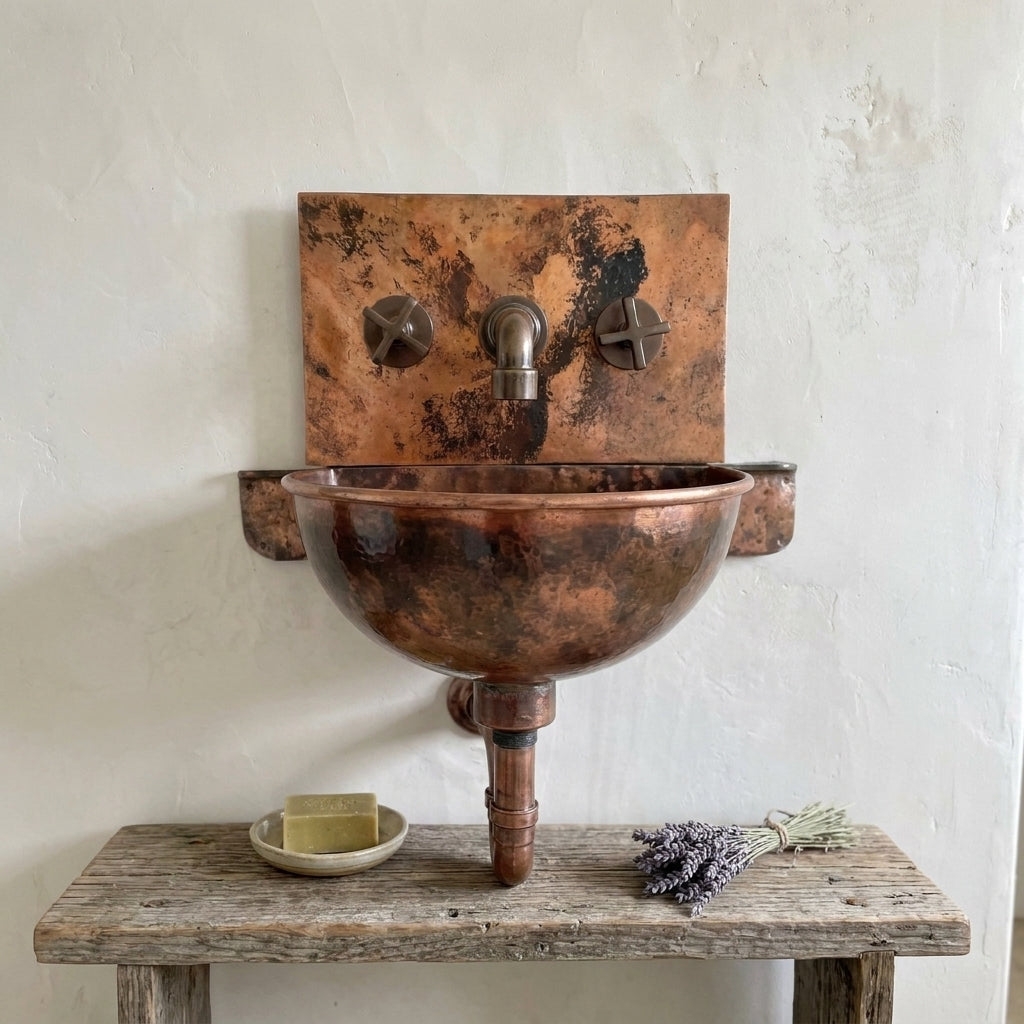 Front view of rustic patina copper wall sink with cross-handle faucet