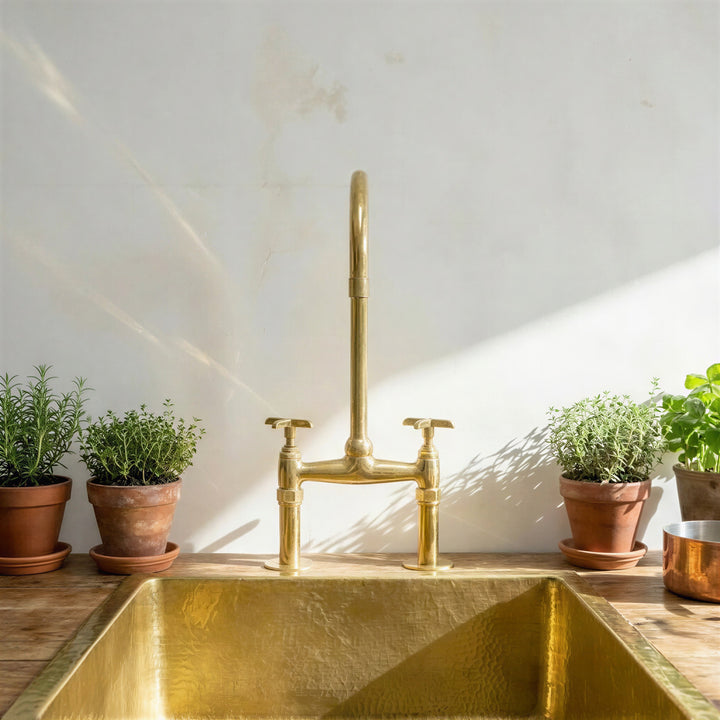 A polished brass bridge faucet with a tall gooseneck spout and two separate handles, installed above a matching hammered brass sink. The faucet is centered on a wooden countertop against a textured off-white wall, flanked by potted green plants in terracotta pots.