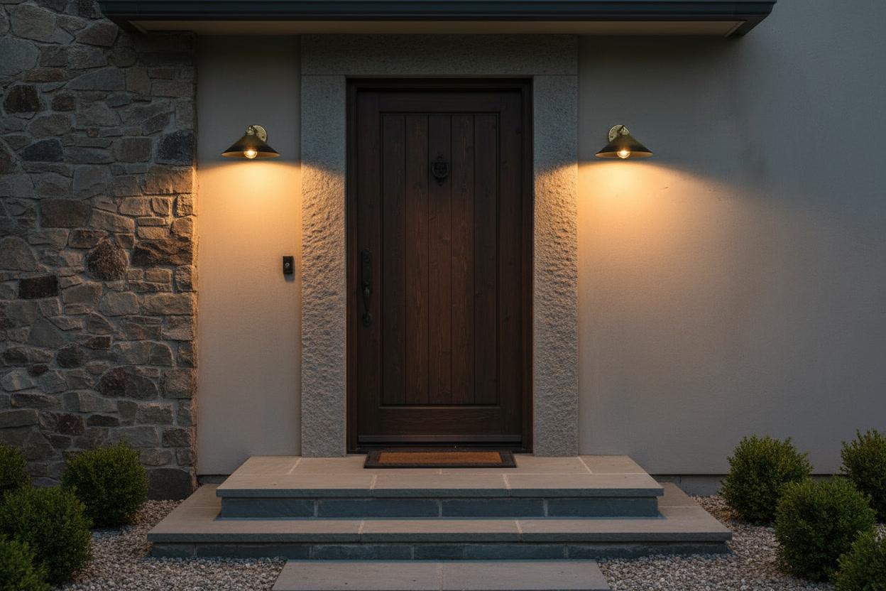 A modern front door with a dark wood finish, set in a stone and stucco entryway with two warm wall sconces lighting the walkway and steps.
