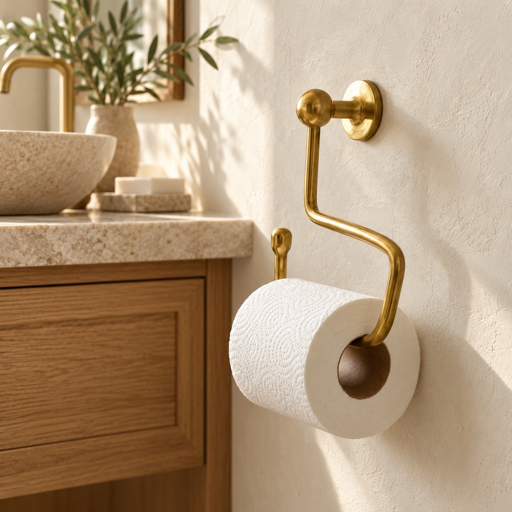 Sculptural solid brass toilet paper holder in a warm plaster bathroom