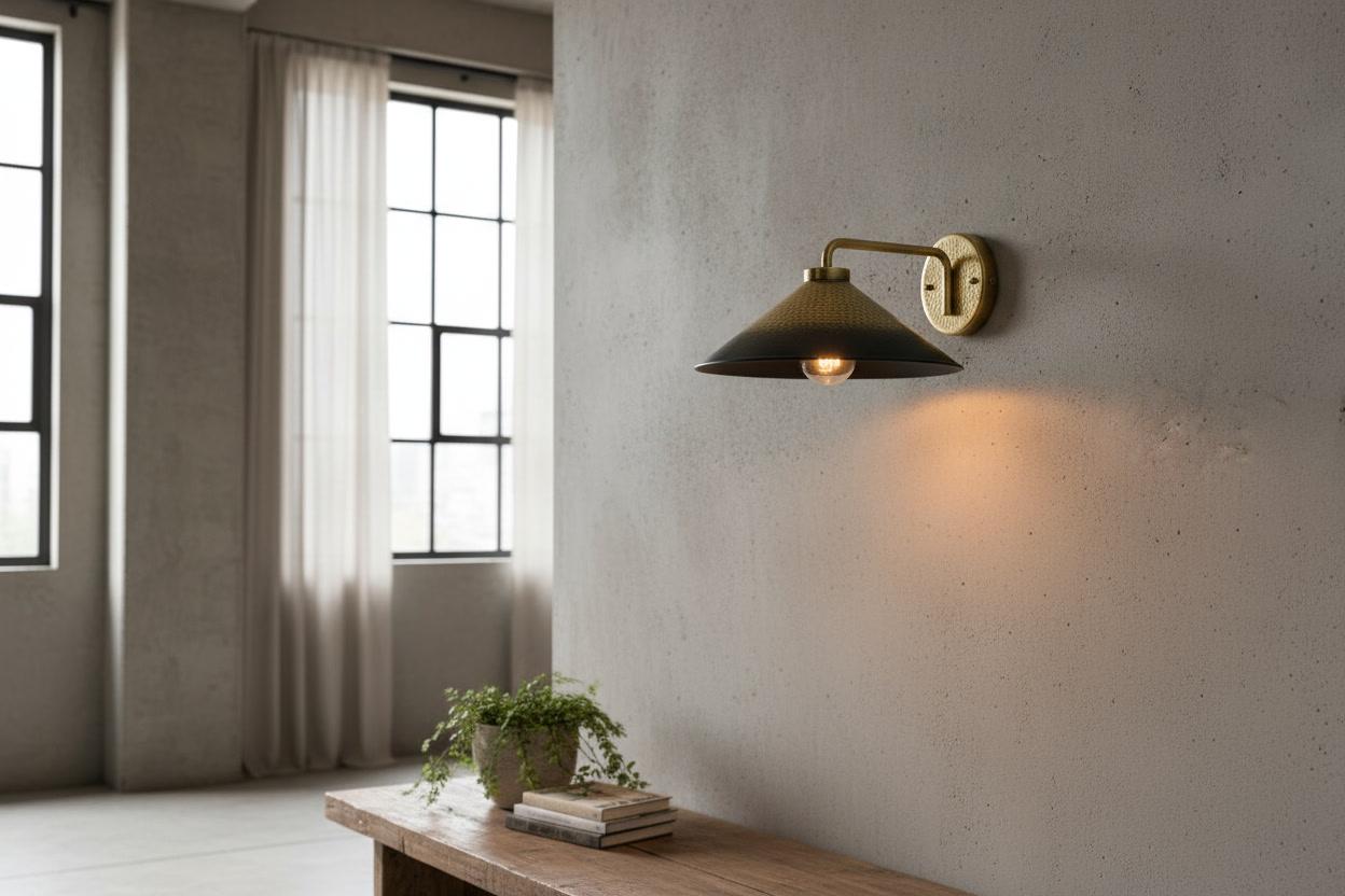 A modern wall sconce with a dark conical shade and a warm brass fixture, mounted on a textured concrete wall in a minimalist room with a wooden bench and windows.