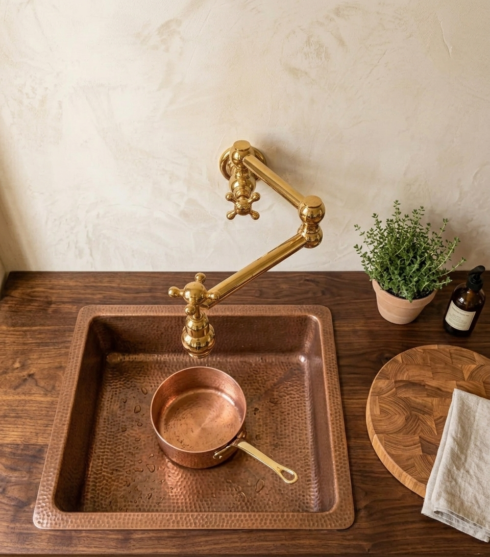 A hammered copper farmhouse-style sink with a matching copper pot, paired with a polished brass wall-mounted pot faucet, set on a dark wood countertop against a textured beige wall.