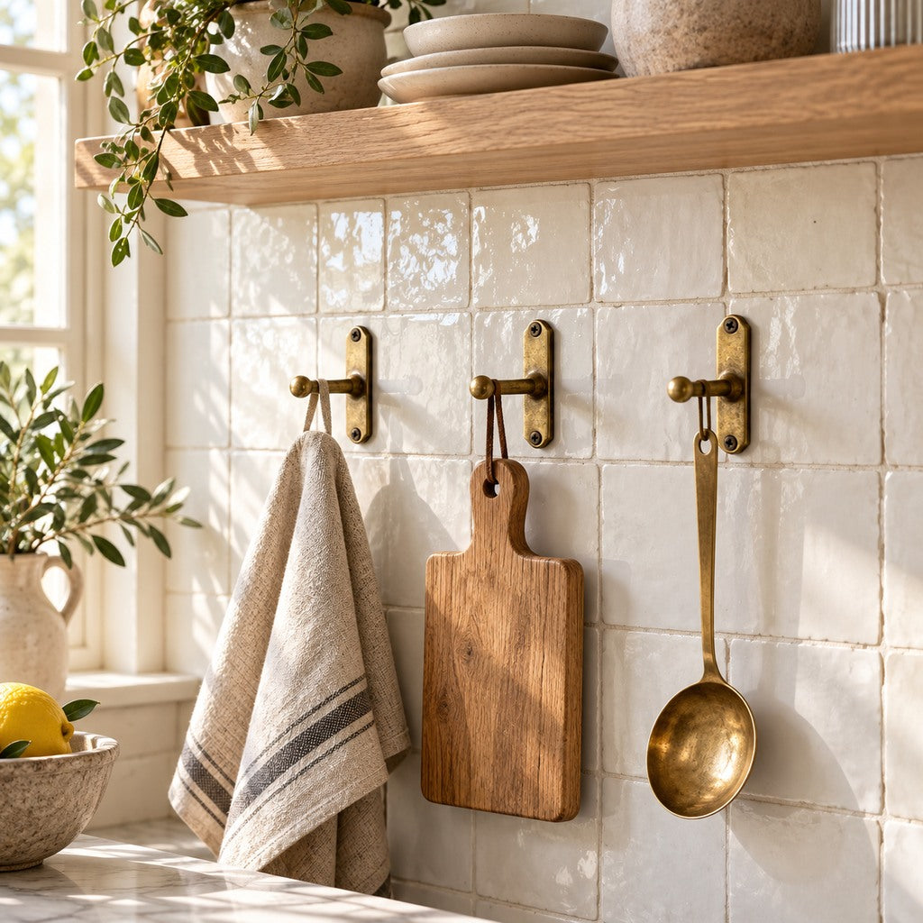 Three solid brass kitchen wall hooks holding a linen towel, cutting board and utensil
