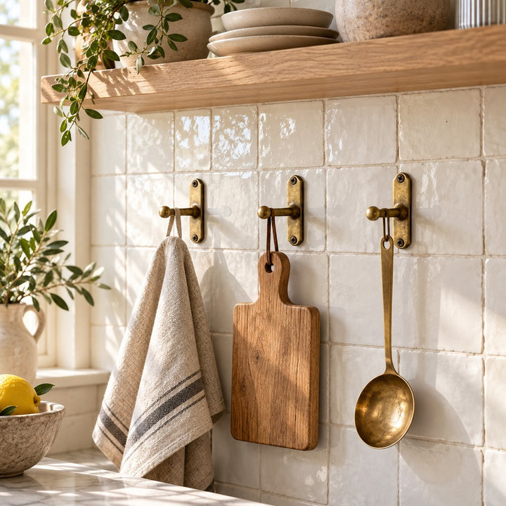 Three solid brass kitchen wall hooks holding a linen towel, cutting board and utensil