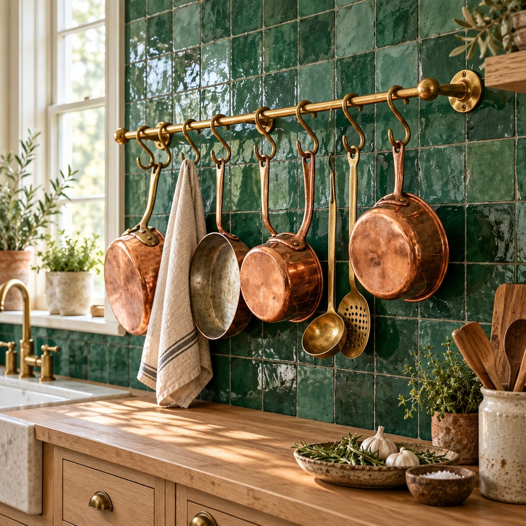 Solid brass kitchen pot rail with S hooks and copper cookware on green tile