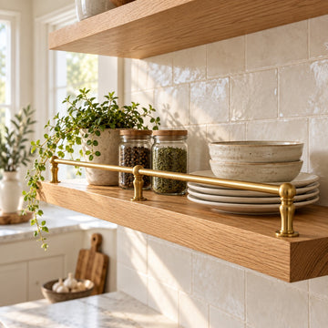 Solid brass kitchen shelf rail with ceramics and spice jars on an oak shelf