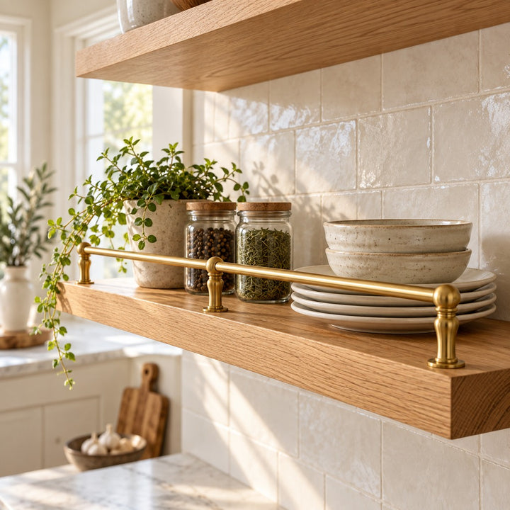 Solid brass kitchen shelf rail with ceramics and spice jars on an oak shelf