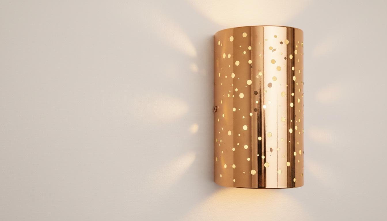 A modern cylindrical wall sconce with a metallic rose gold finish and a pattern of small circular cutouts, casting a warm yellow light onto a neutral beige wall.