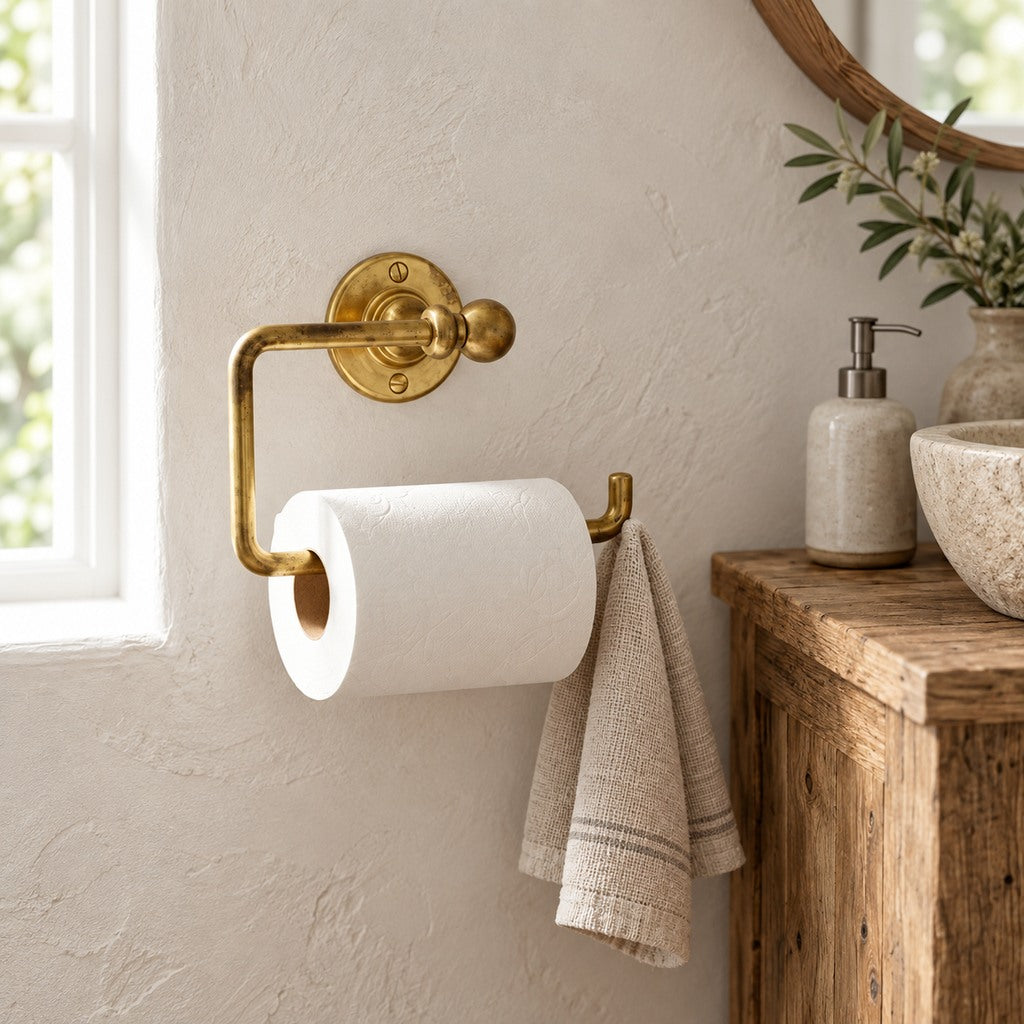 Solid brass toilet paper holder with utility hook in a farmhouse bathroom