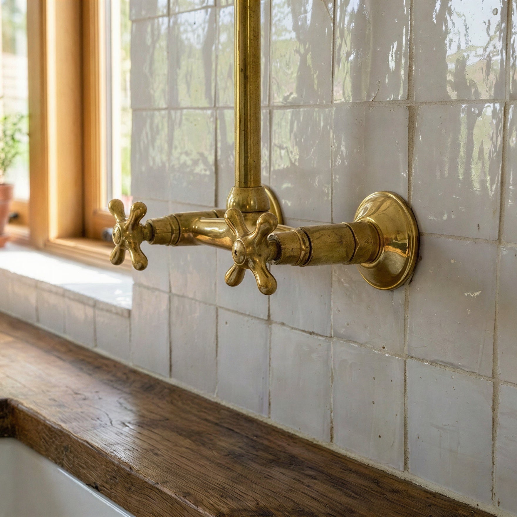 A brass wall-mounted kitchen faucet with cross handles installed on a tiled wall above a wooden countertop.