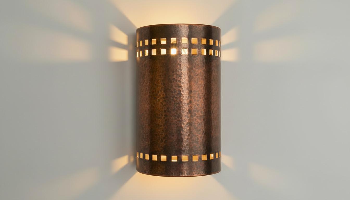 A cylindrical wall sconce with a hammered metallic finish, featuring square cutout patterns near the top and bottom, casting warm light and shadow on a light gray wall.