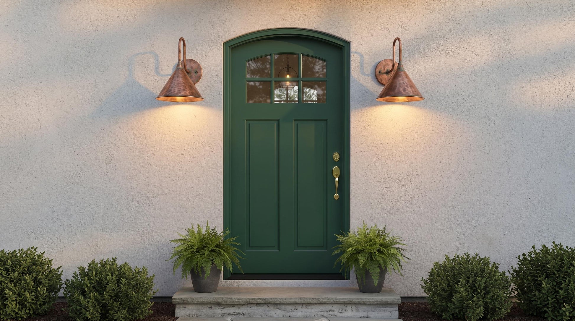 A dark green front door with an arched top and small multi-pane window, mounted on a white stucco wall. Two copper-toned wall sconces light the door, with potted green plants on the steps below.