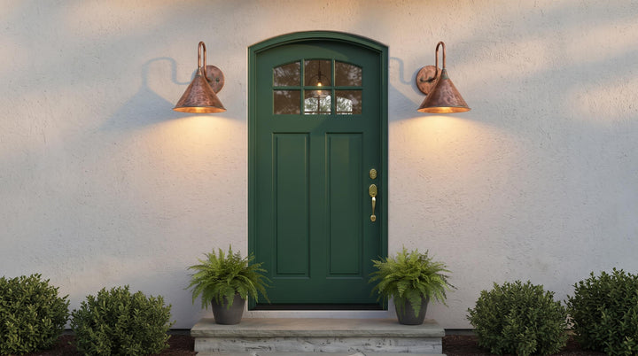 A dark green front door with an arched top and small multi-pane window, mounted on a white stucco wall. Two copper-toned wall sconces light the door, with potted green plants on the steps below.