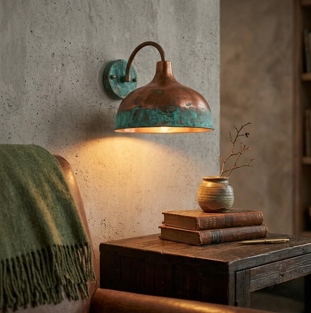 A rustic copper and turquoise wall sconce lamp mounted on a textured concrete wall, casting a warm yellow light next to a wooden table with books and a small vase.