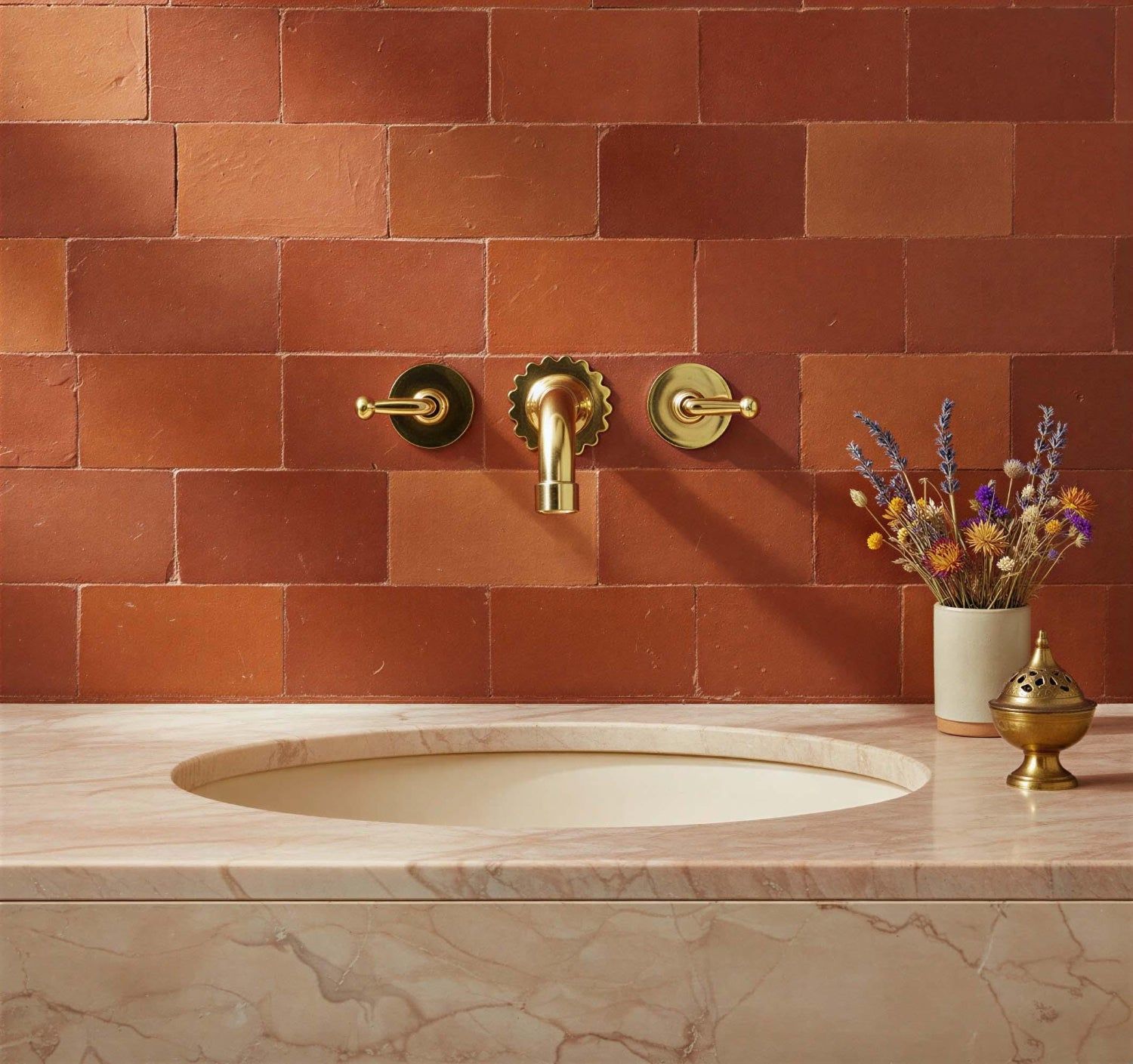 Bathroom sink with gold fixtures against a terracotta tiled wall.