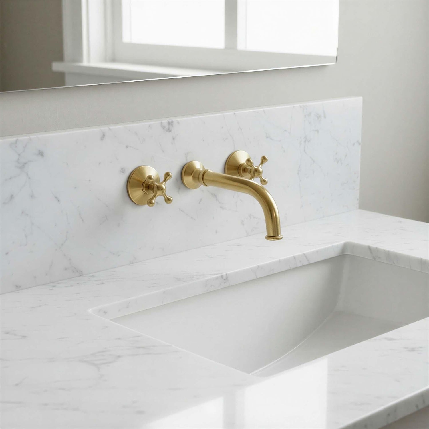 Gold faucet on a marble sink with a neutral background