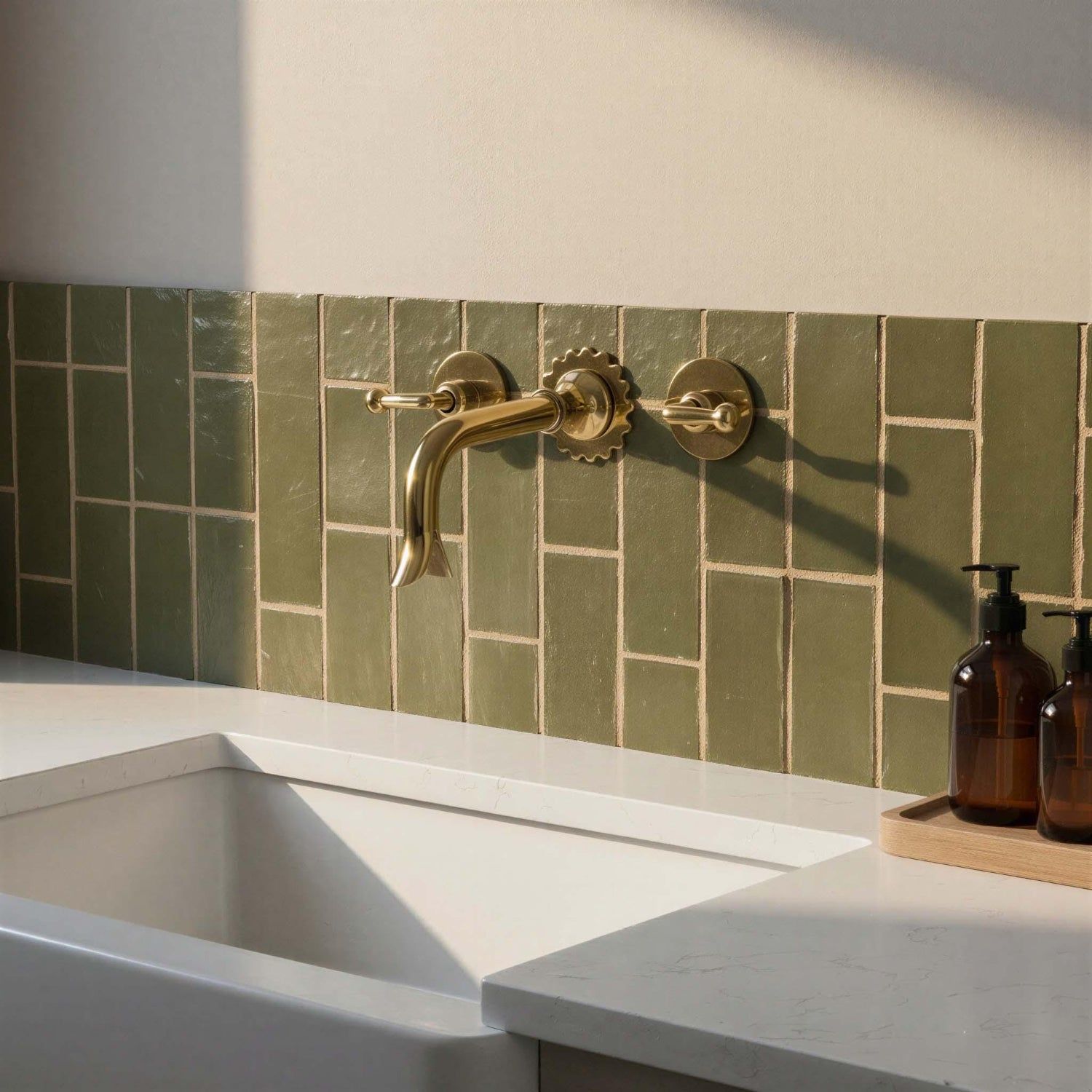 Bathroom sink with gold faucet against a green tiled wall