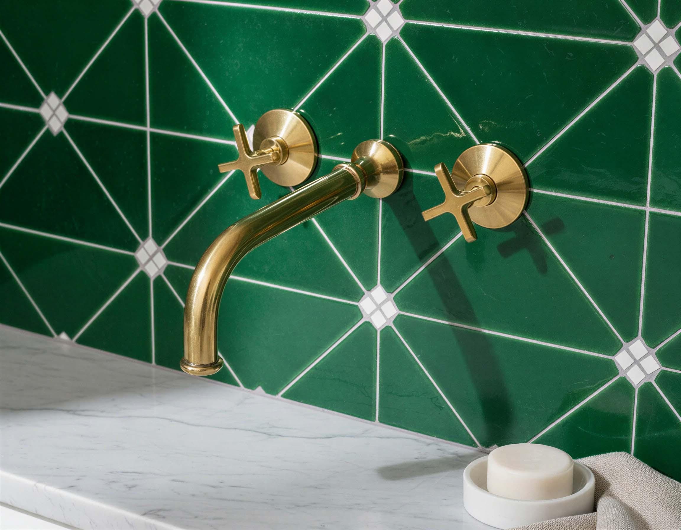 Gold faucet on a green tiled wall with a white soap dish and bar.