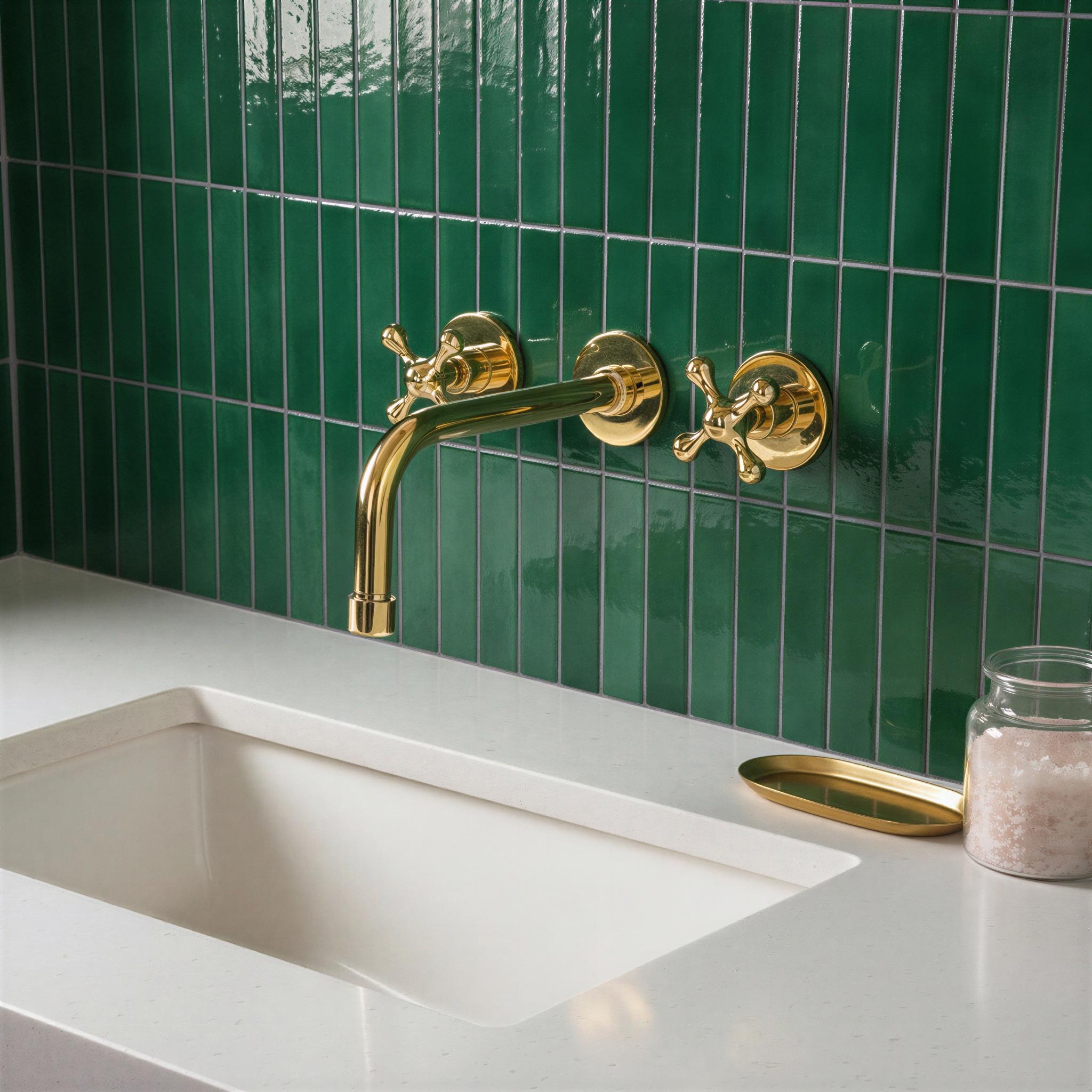 Gold faucet and handles on a green tiled wall with a white sink.