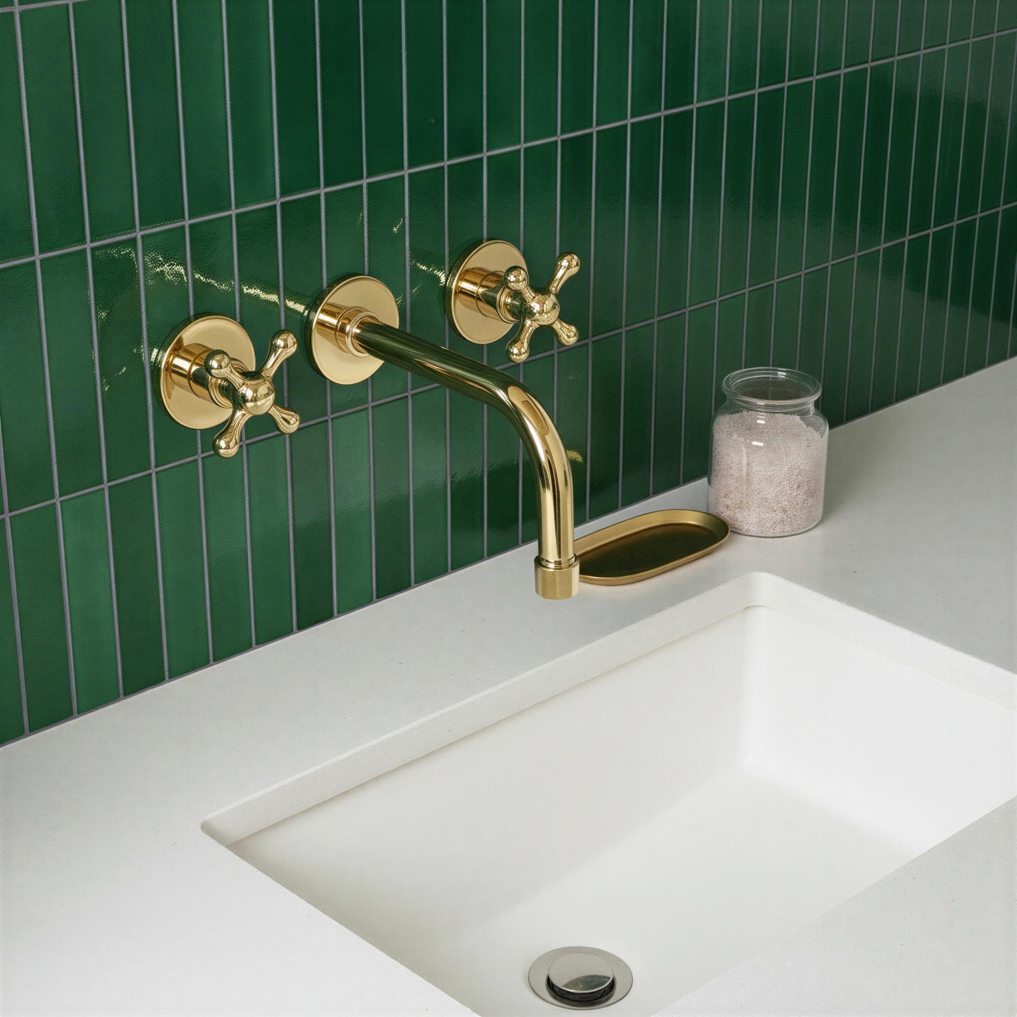 Gold faucet and handles on a white sink with green tiled wall