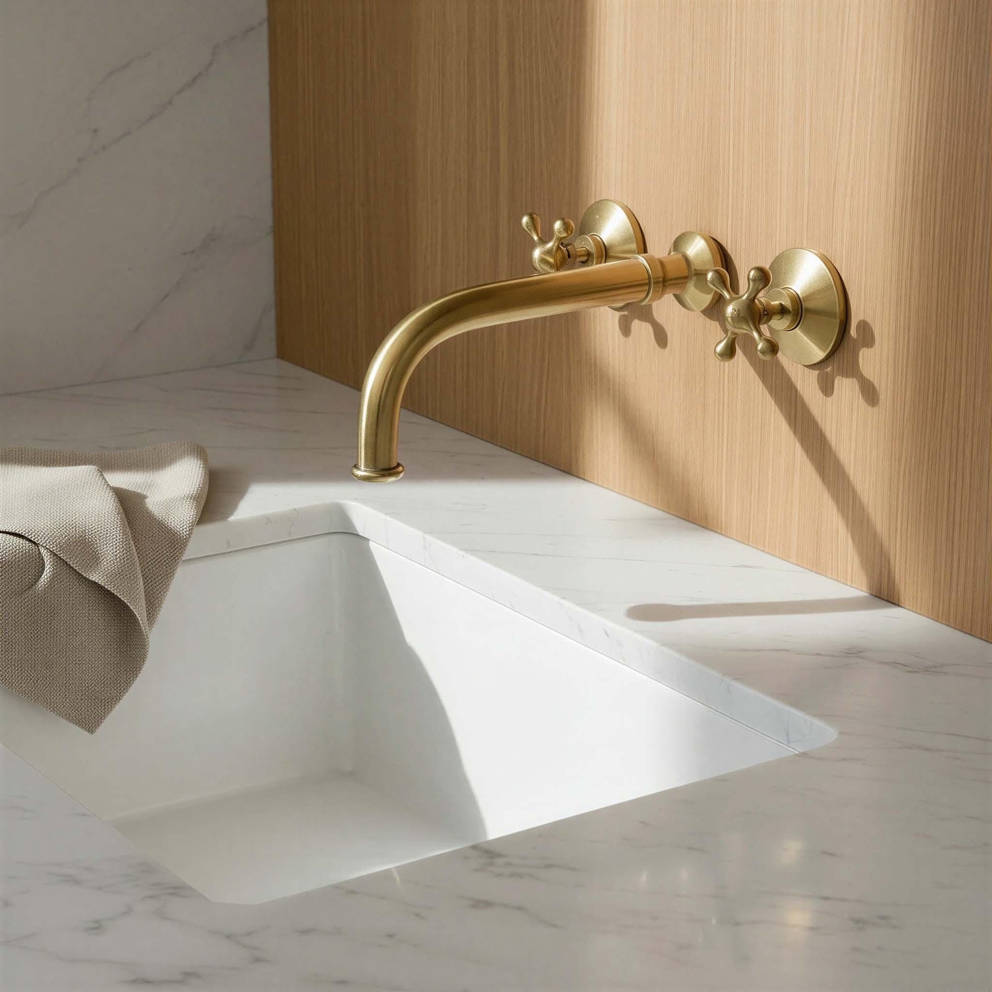Gold faucet on a white sink with marble wall and countertop