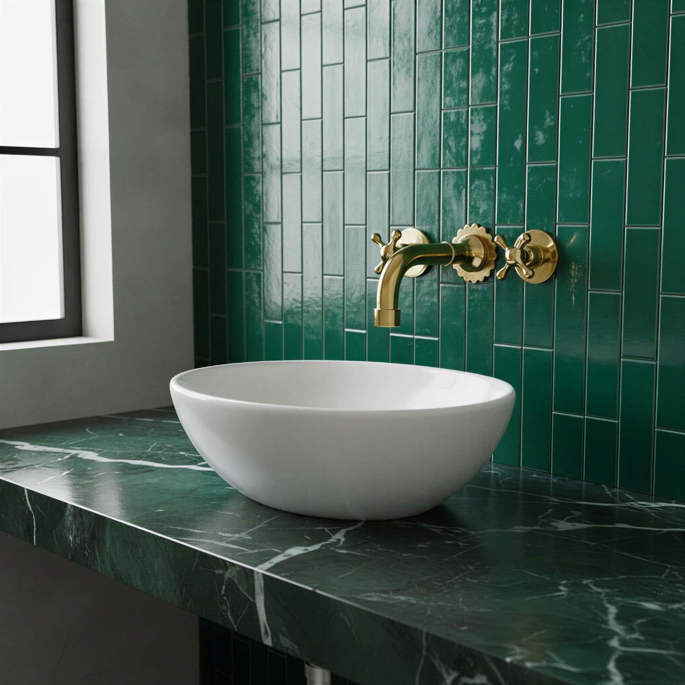 Bathroom sink with gold faucet against green tiled wall