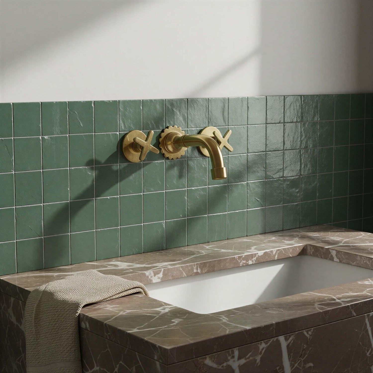 Bathroom sink with gold faucet against a green tiled wall