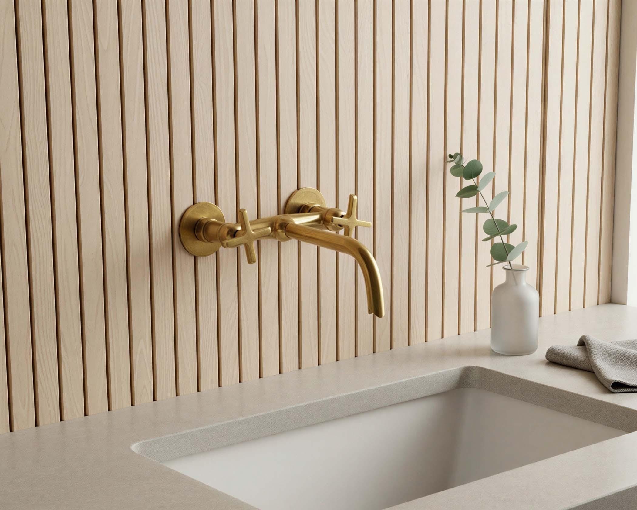 Gold faucet on a modern kitchen sink with a neutral wall background
