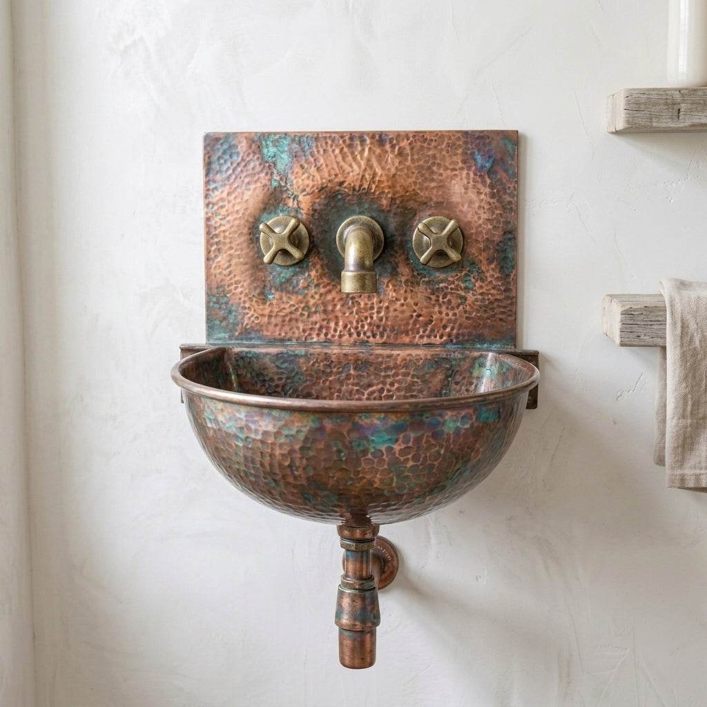 Front view of verdigris copper wall sink with hammered backplate and bottle trap