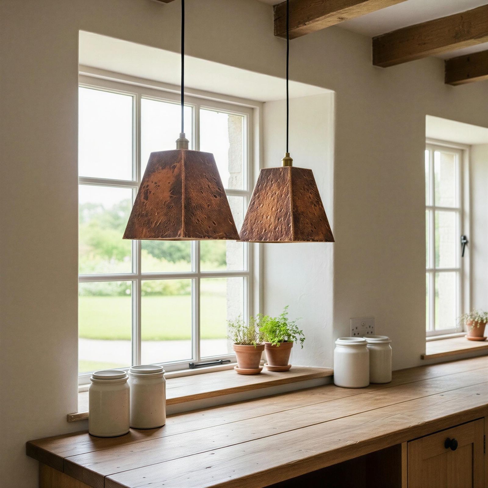 Two rustic pendant lights hanging above a wooden table with jars and plants in a bright room.