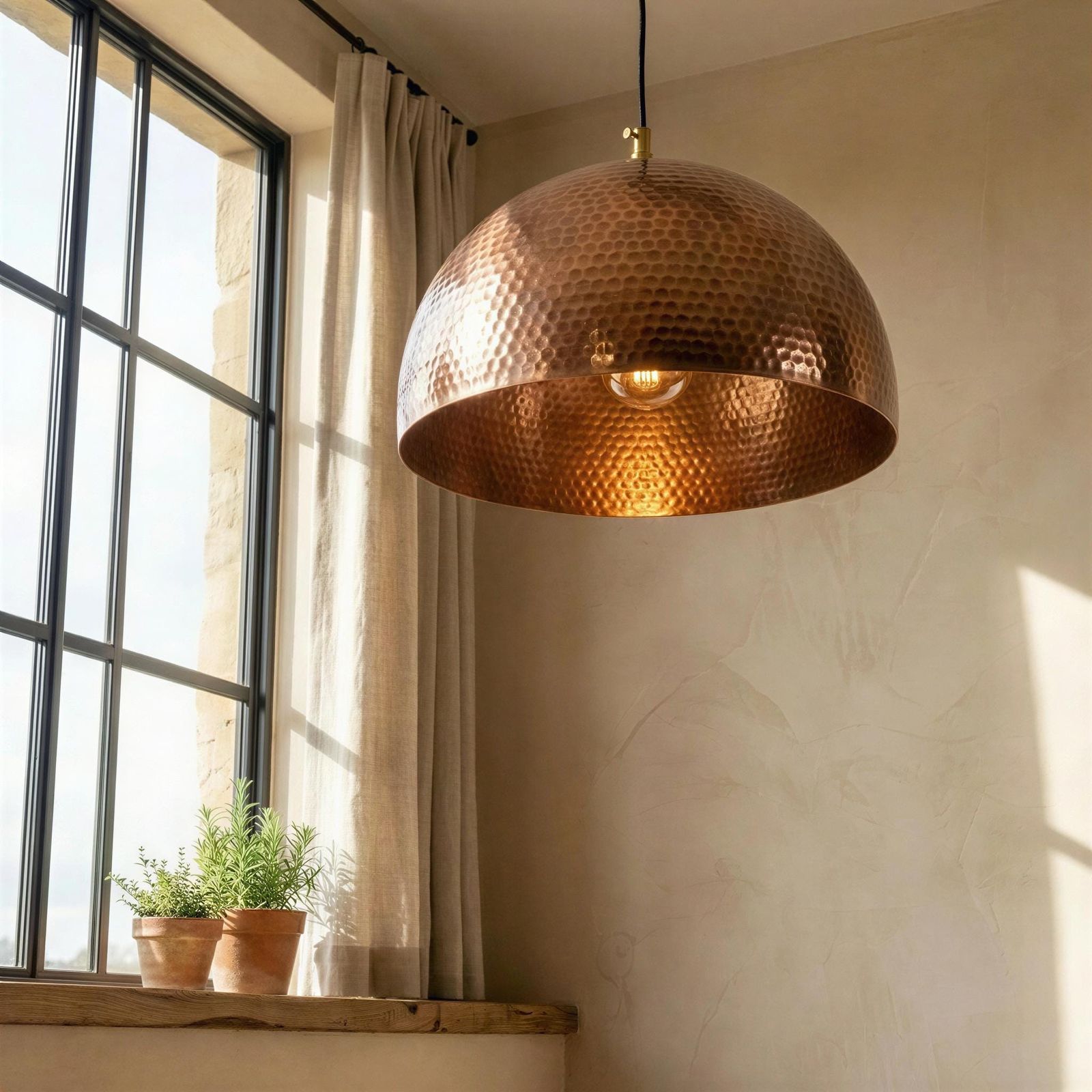 Copper pendant light hanging in a room with large windows and plants on a windowsill.
