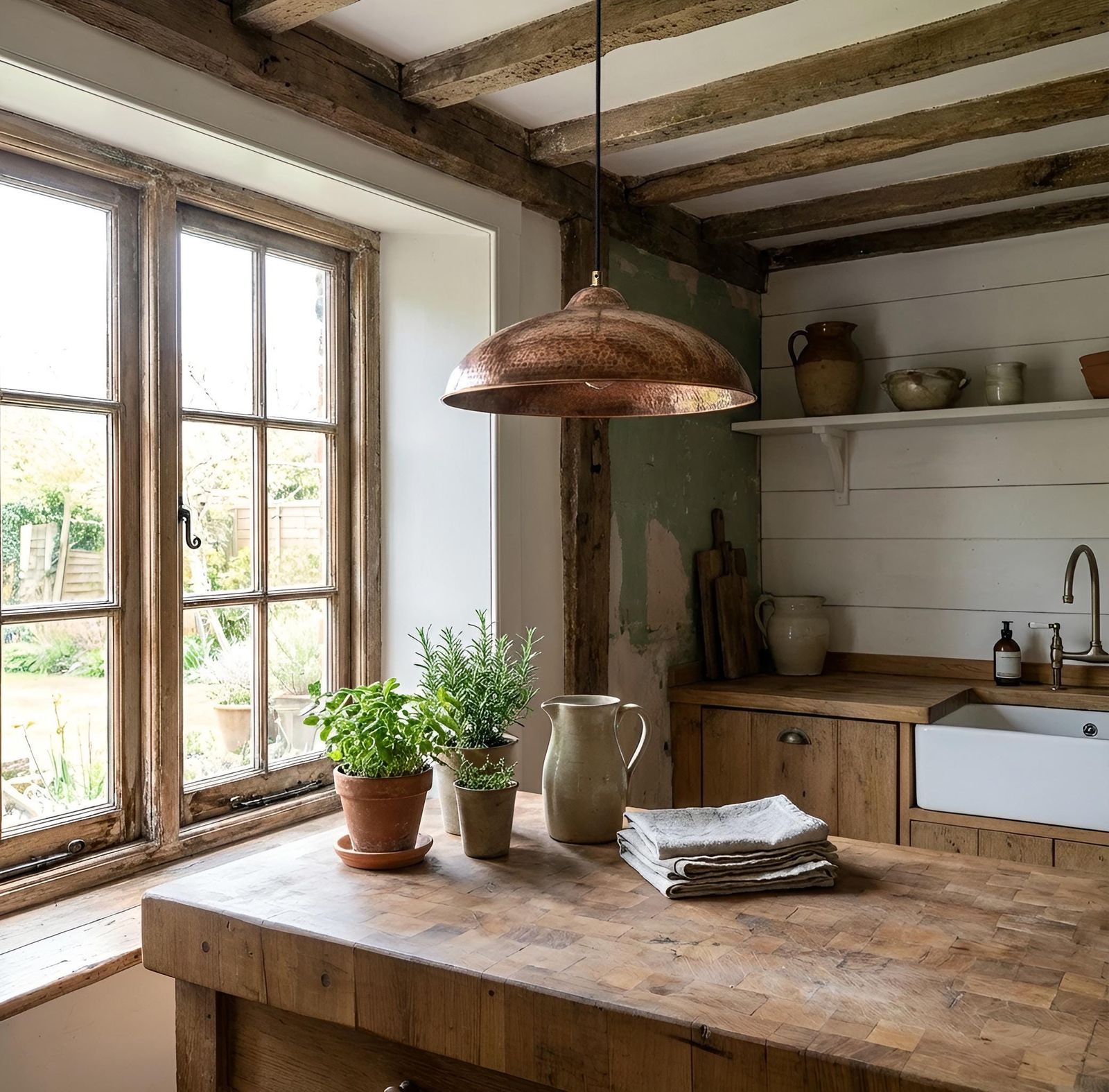 Kitchen with wooden table, pendant light, and window view