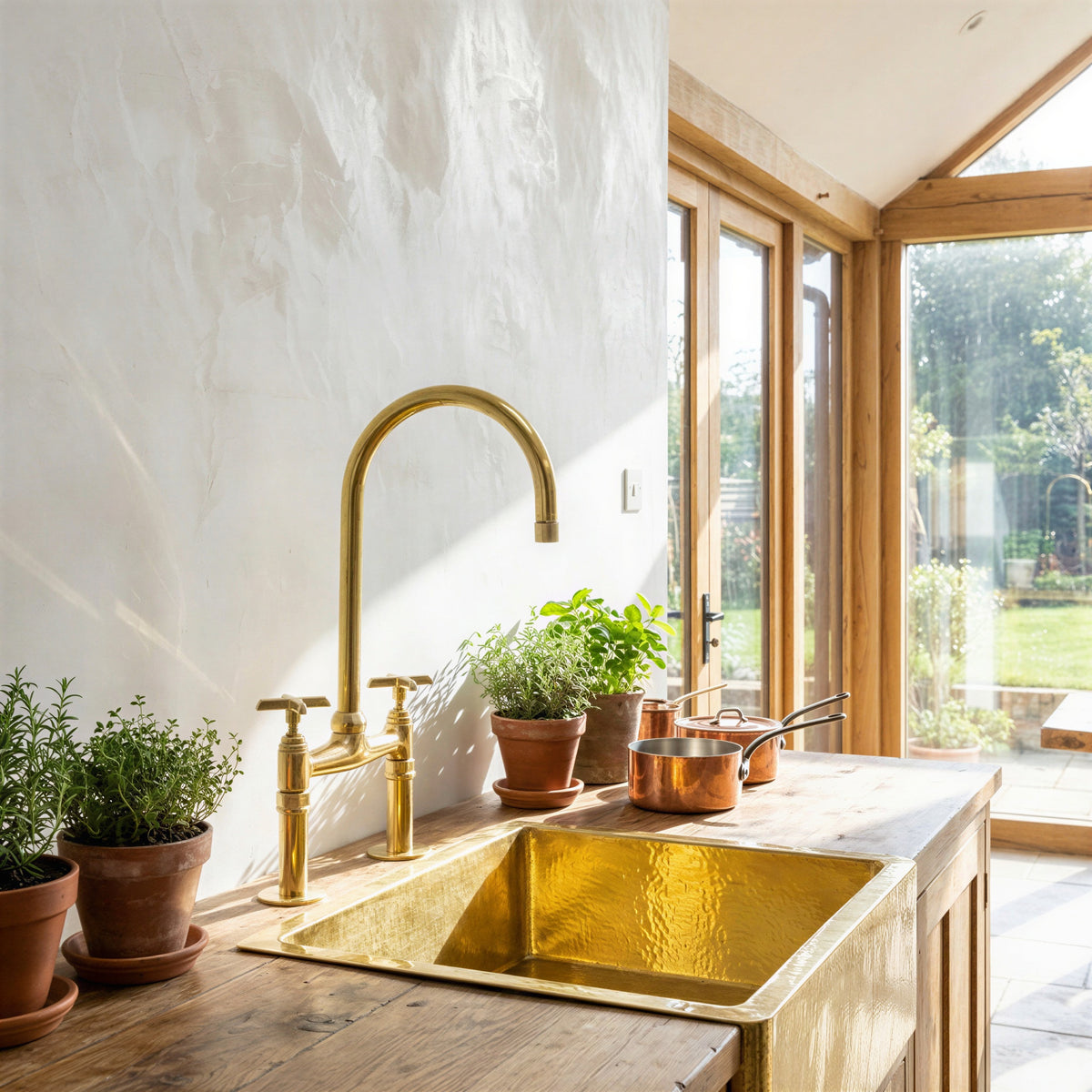 A rustic kitchen scene featuring a hammered gold brass sink, a matching high-arc faucet, and copper pots on a wooden countertop, with potted green plants and large windows in the background.