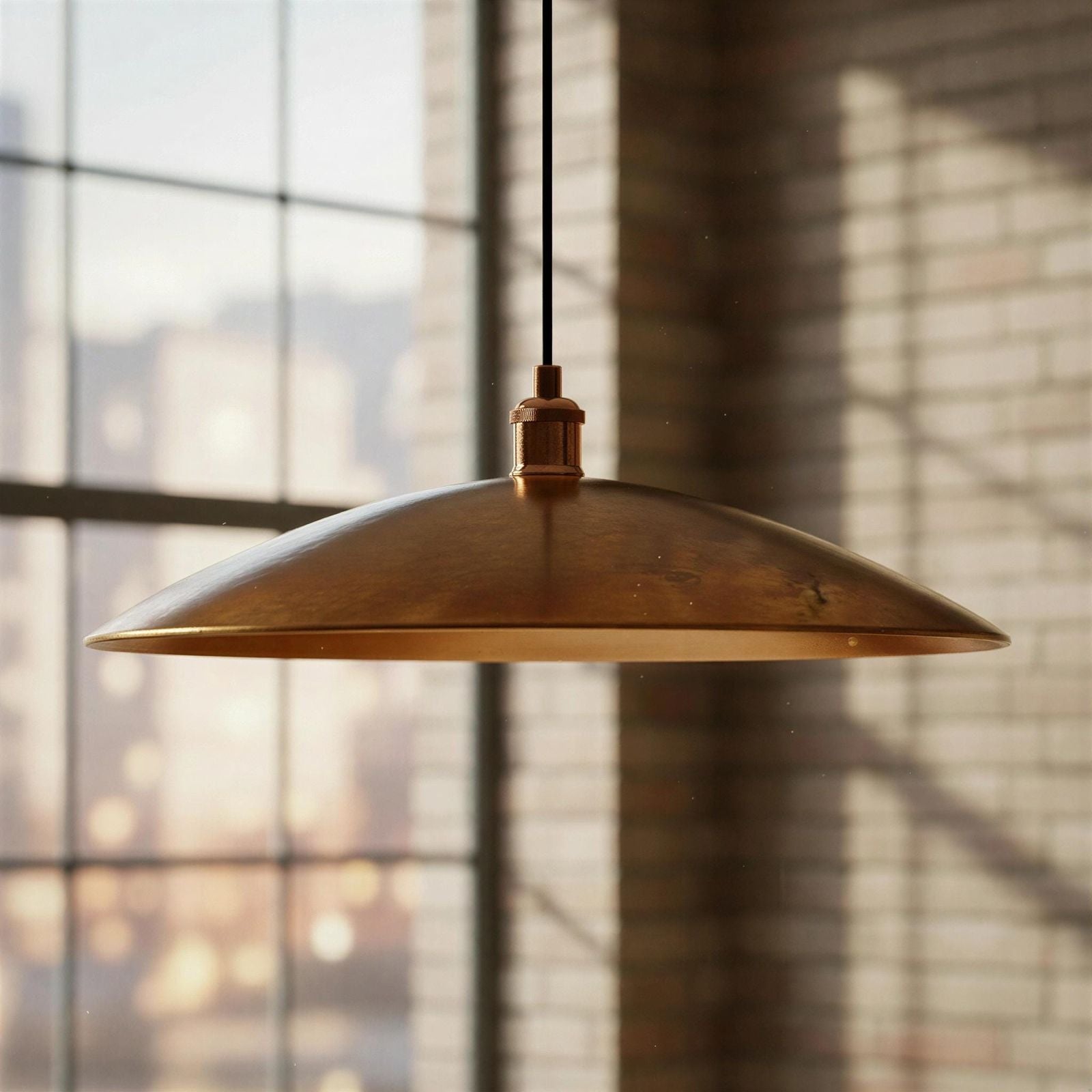 Bronze pendant light hanging in a room with large windows