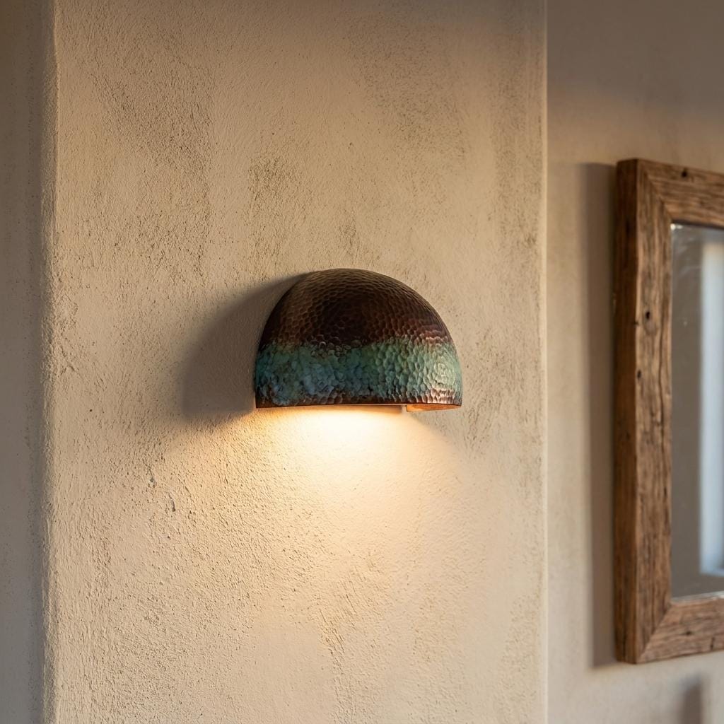 A dome-shaped wall sconce with a textured metallic finish, featuring a dark bronze top half and a green-blue lower half, mounted on a textured beige plaster wall and casting a warm light downward.
