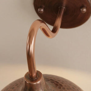 Close-up of a copper-toned metal wall fixture with a curved hook-shaped stem, textured lower section, and round mounting plate against a plain light background.