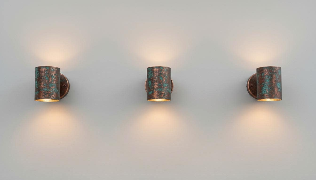 Three matching cylindrical wall sconces with a distressed bronze and turquoise patina finish, mounted on a plain light gray wall and casting warm light downward.