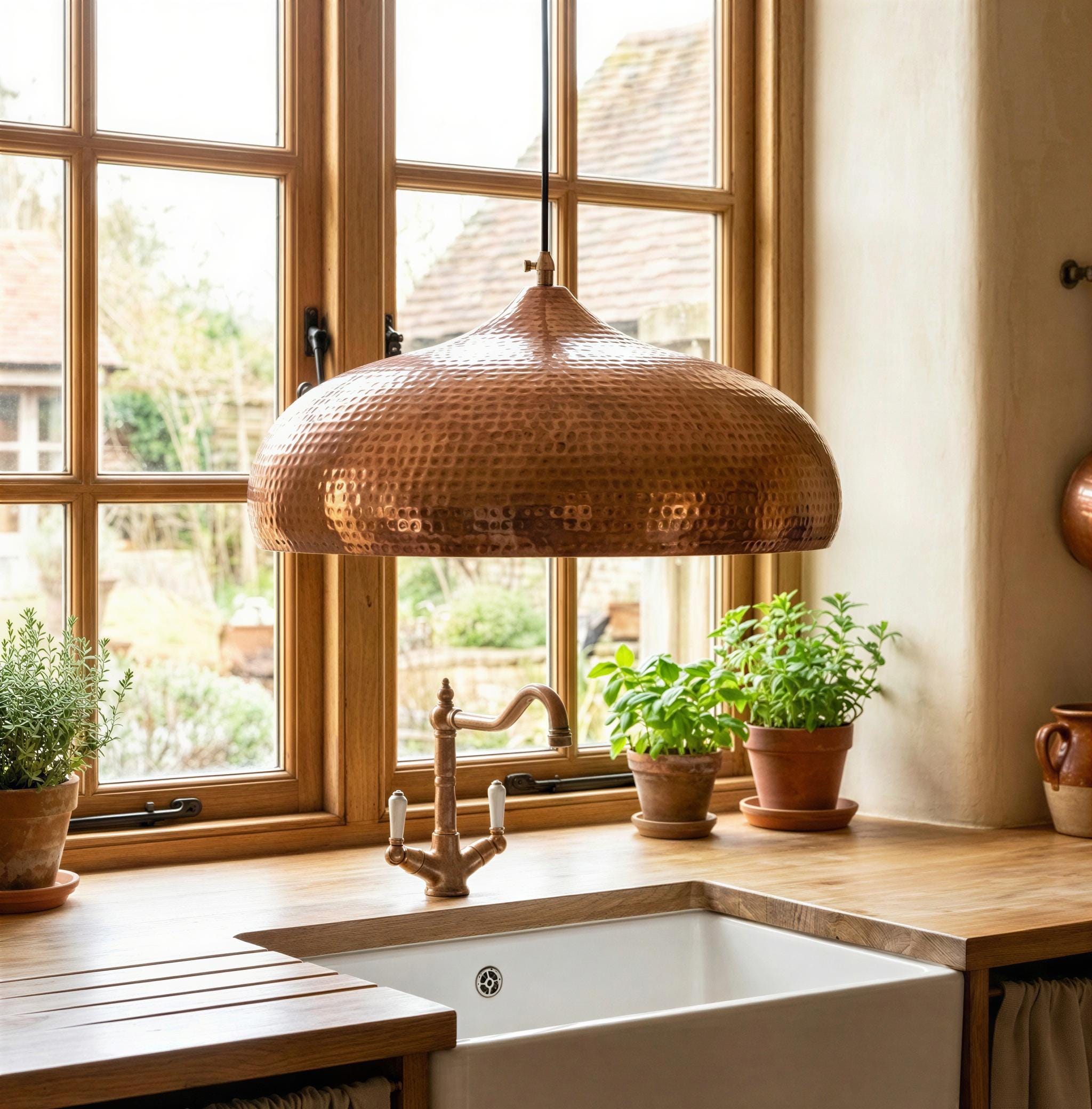 Copper pendant light hanging above a kitchen sink with plants and a window in the background