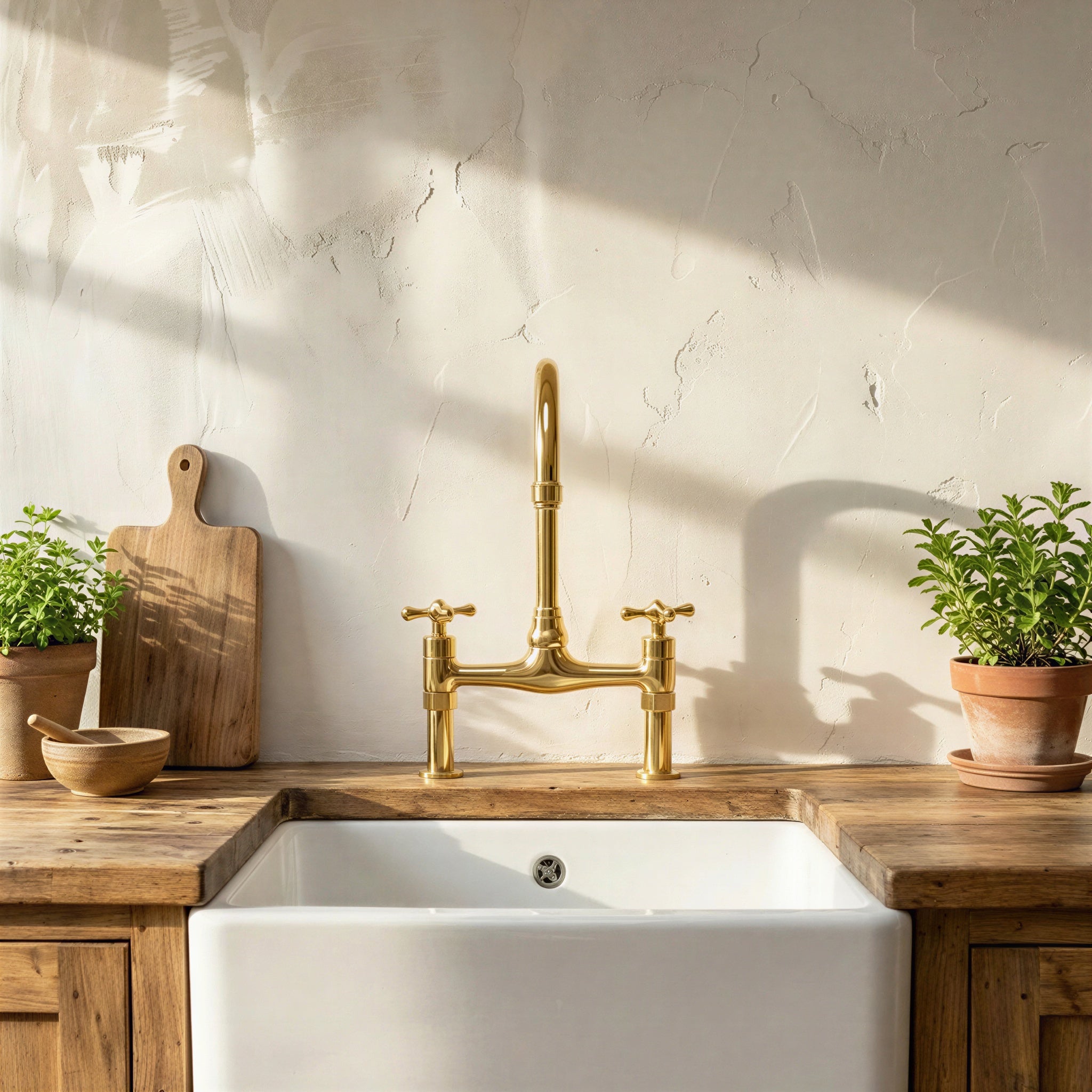 A polished brass bridge faucet with two handles mounted above a white farmhouse sink on a rustic wooden countertop, with potted plants and a cutting board against a textured cream wall.