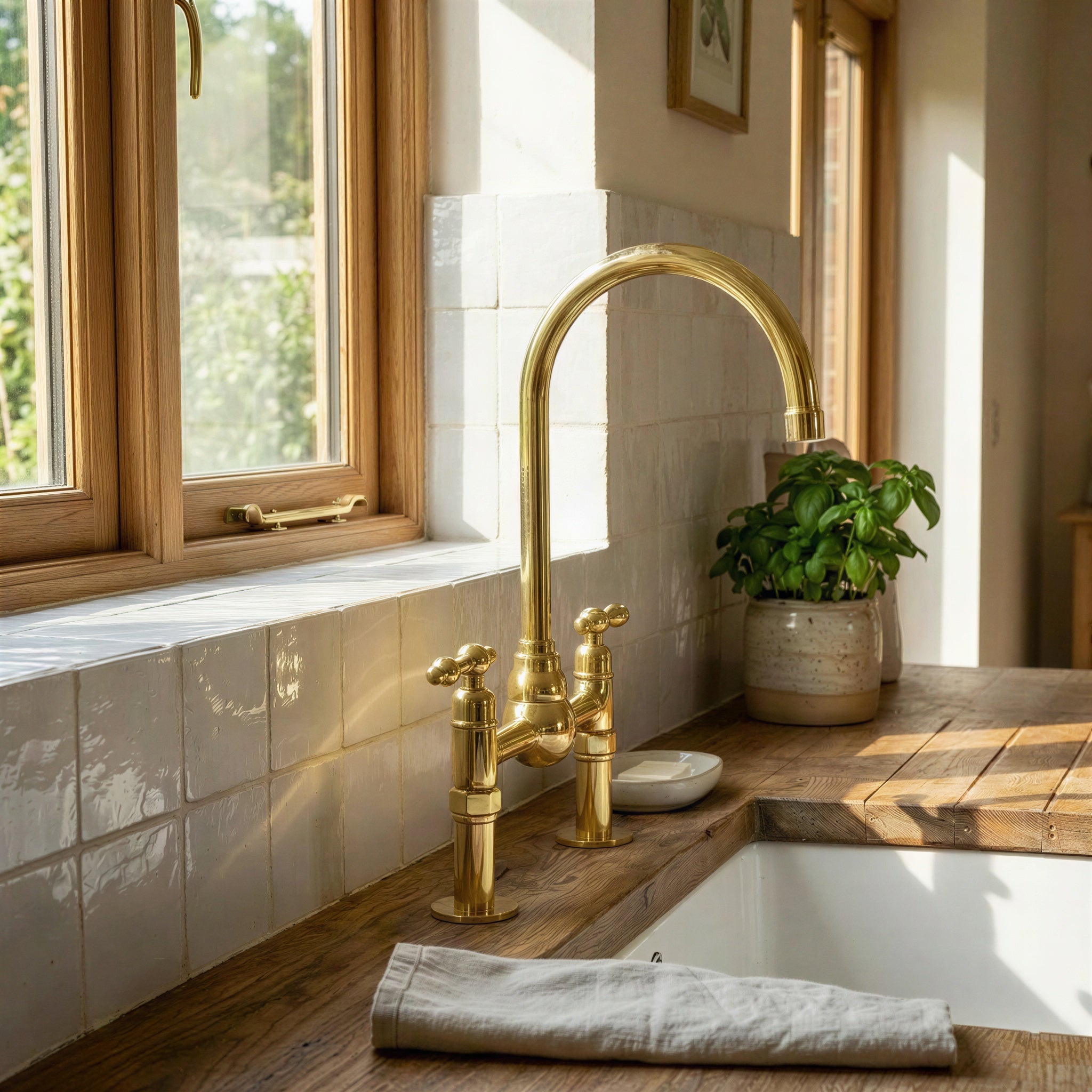 Handmade unlacquered brass bridge kitchen faucet with high-arc gooseneck spout and classic lever handles mounted on a rustic wood countertop over a fireclay sink.