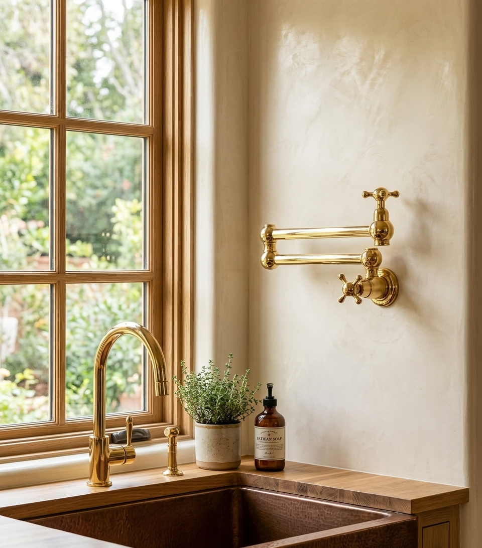 A brass wall-mounted kitchen pot filler with cross handles is shown installed on a cream tadelakt wall above a kitchen sink with a brass faucet and a small potted plant.