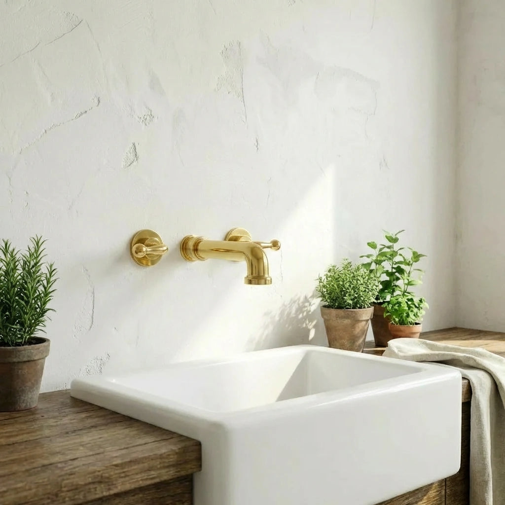 A matte brass wall-mounted faucet installed above a white farmhouse-style sink on a rustic wooden countertop, with potted green plants and a folded towel nearby against a textured white wall.