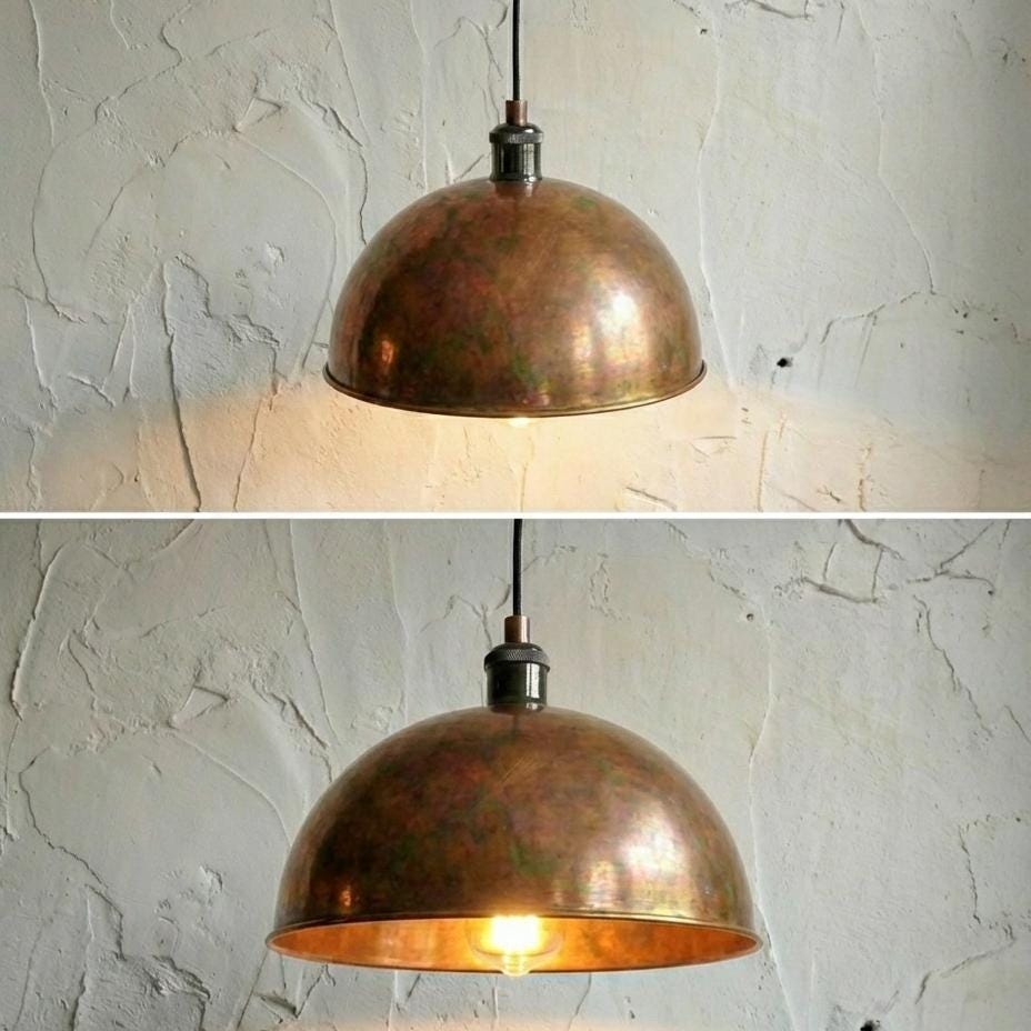Two images of a copper pendant light fixture against a textured wall.